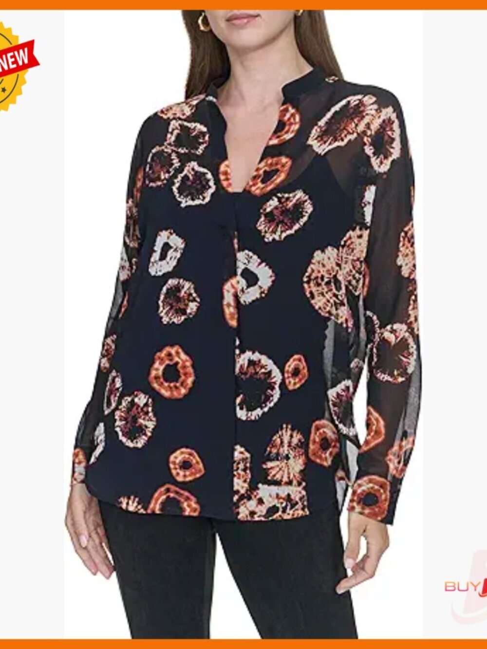 Sheer V-Neck Layered Blouse Long Sleeve Classic Fit Polyester Work to Evening